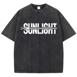 Sunlight Cotton Washed T Shirts Women Zipper Pattern Prints T-Shirts Distressed Oversized O-Neck Tops Casual Womans Streetwear