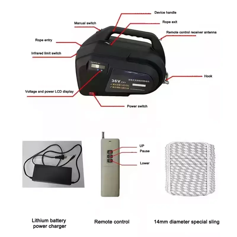 Machine d'escalade à corde de construction, outil de levage, treuil électrique, palan en acier, batterie au Lithium 36V, 150kg, 250kg, 300kg