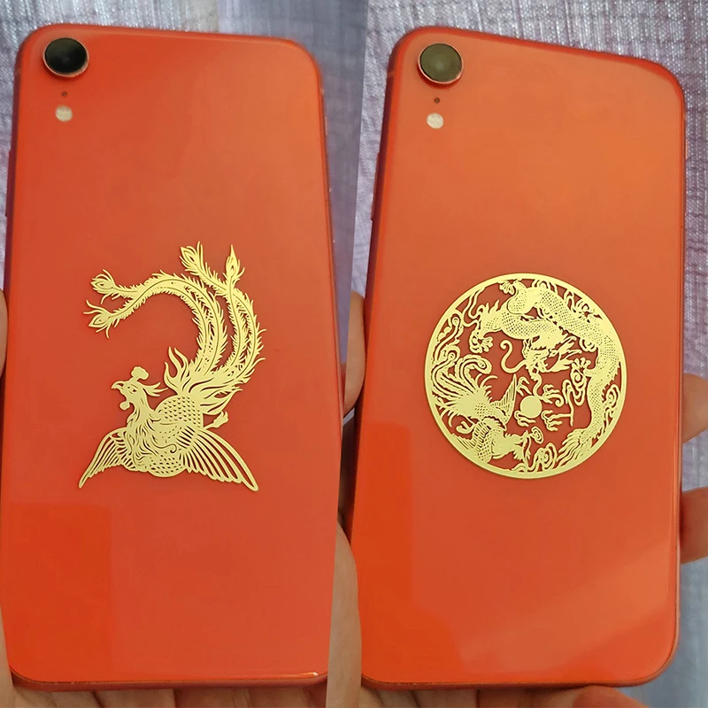 Personalized Dragon And Phoenix Pattern Good Luck Metal Sticker Tiger Phone Sticker Back Shell Creative Animal Metal Decoration