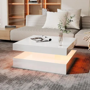 Image White LED Coffee Table for Living Room, Wood Square 2-Tier Storage Modern Center Table, Glossy Contemporary Coffee Table