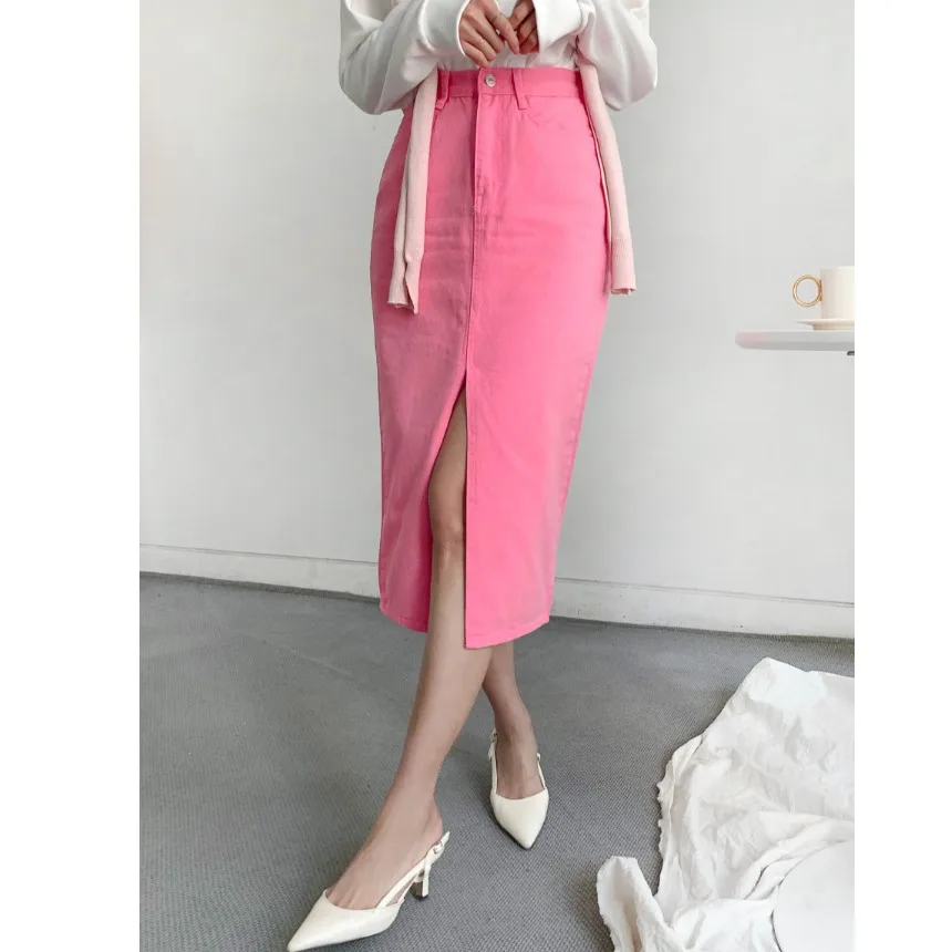 

Sweet High Waist A-Line Skirt with Front Slit Japanese Style Cotton Denim Casual Straight Fit No Regular Thickness