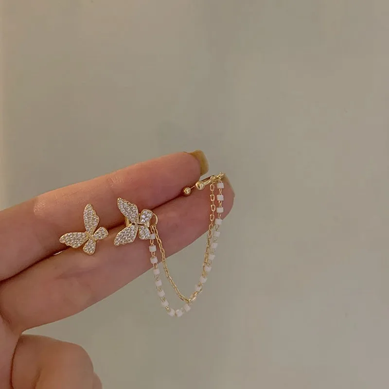 Butterfly Ear Studs para mulheres, brincos na moda coreana, corrente Earclip, jรณias borla, presente de aniversรกrio
