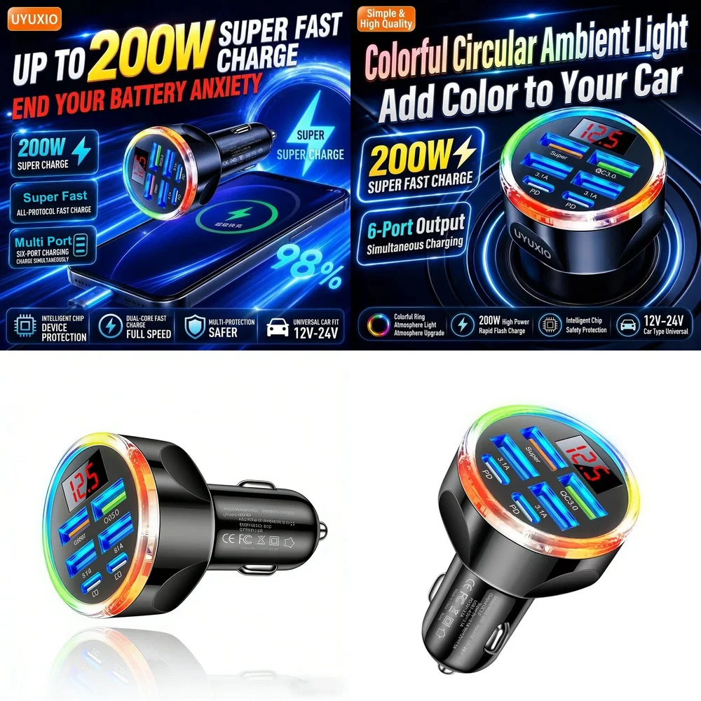 6 in 1 Multi USB Car Charger Plug Trending for iPhone 18 17 16 Samsung S26 S25 S24 with LED Digital Display RGB Ambient Light