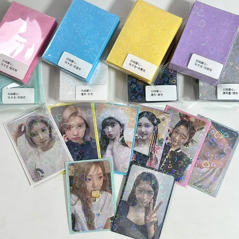 50 buah/lot 61*91mm pelindung lengan kartu berkedip Laser cinta hati untuk tempat kartu foto film pelindung Foil holografik