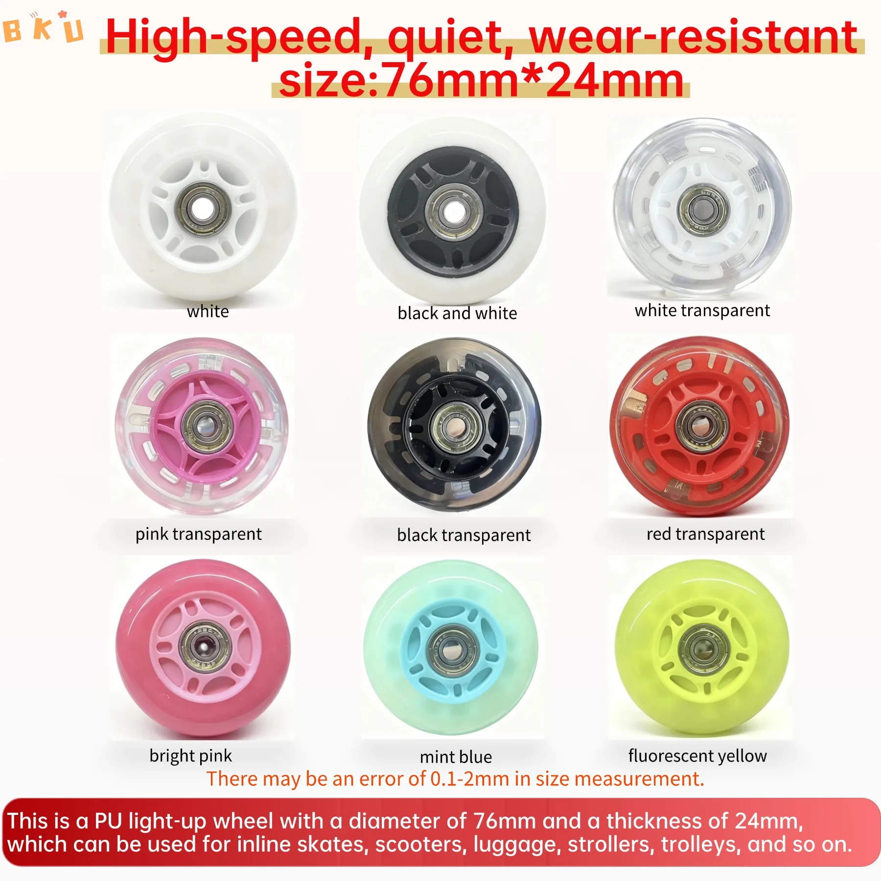 2 Pcs 3 Inch (76mm) LED Glowing Wheels, Inline Skate Flash Wheels,for Kids' Scooters & Children's Bikes, Multiple Color Choices