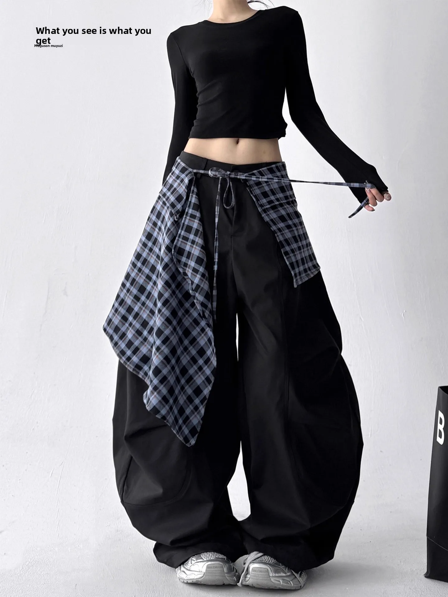 

Trendy Plaid A-Line Skirt Women's Low Waist Cotton Retro Sle Ci Commute Casual Wear Belted One-Piece Hide Meat Tool