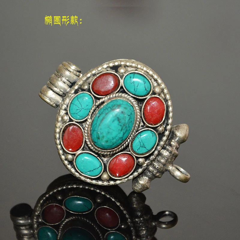 

Turquoise Handmade Oval Gahu Box Pendant, Teardrop-Shaped Tibetan Buddhist Item