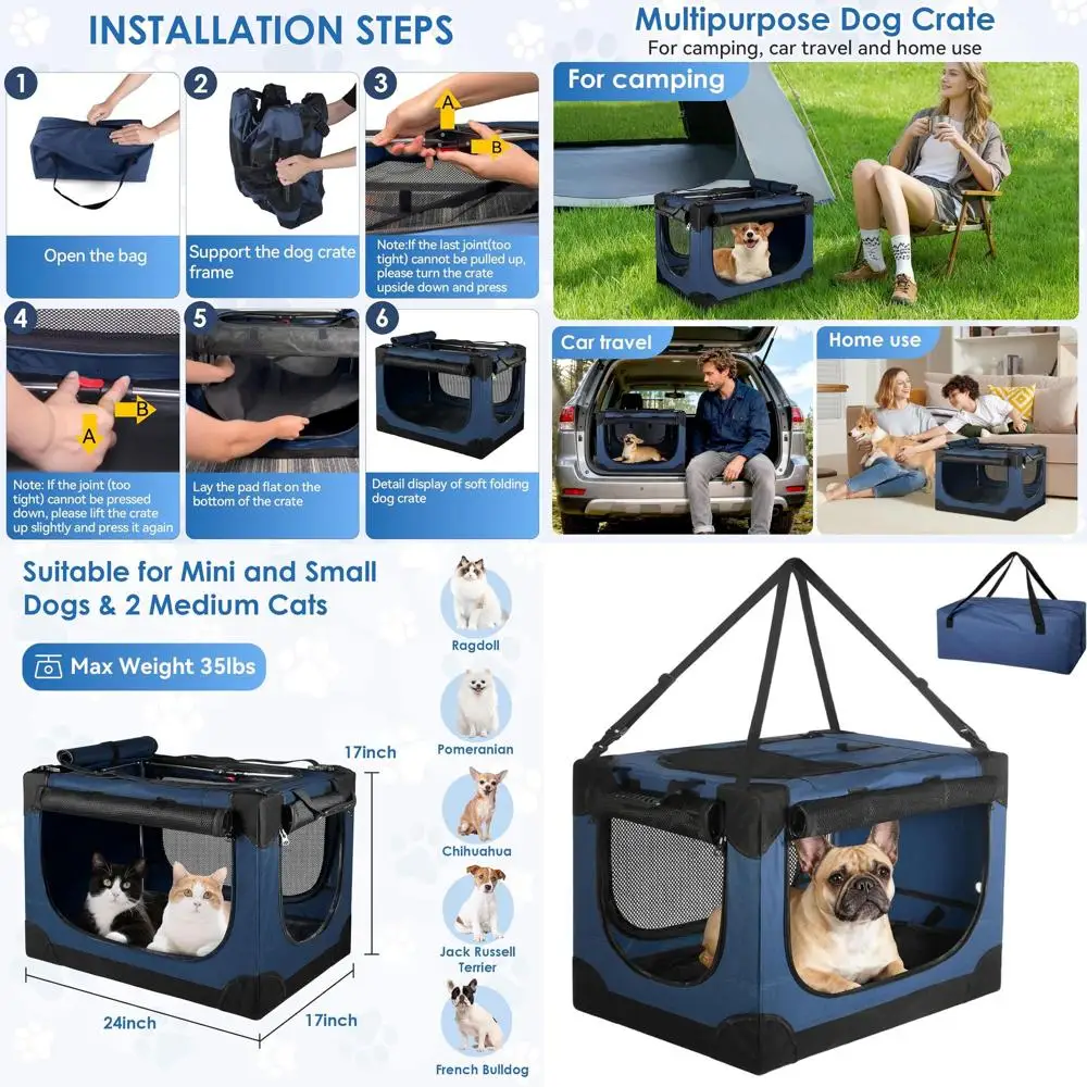 

Portable 24 Travel Crate for Small Dogs, Pets, or 2 Cats, Collapsible with Mesh Doors, Suitable for Car and Outdoor Use, Blue
