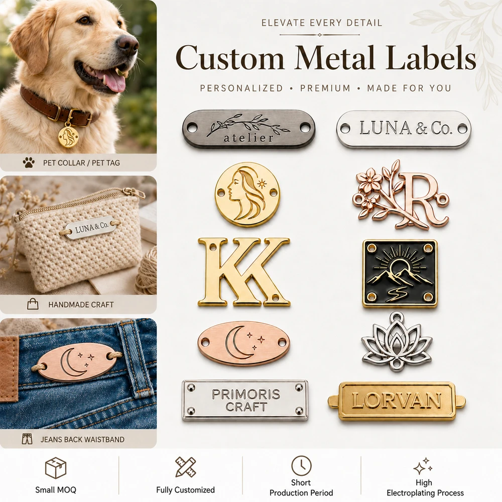 150PCS 3D Embossed Washable Brand Logo Tags Metal Bag Label For Bottle Cap Purse Hangbag Jeans Pet Nameplate Custom Printed Name