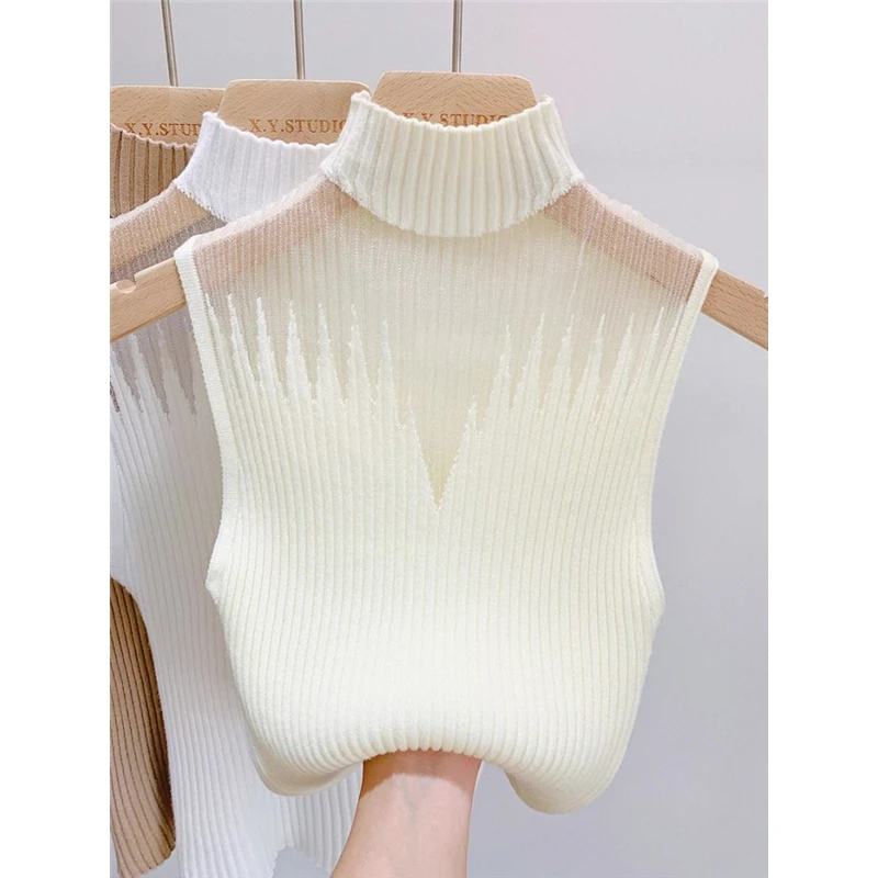 Damski sweter bez rękawów z dzianiny na wiosnę i jesień, z dekoltem typu halter, na cienkich ramiączkach, jako bluzka lub warstwa spodnia, z półgolfem.