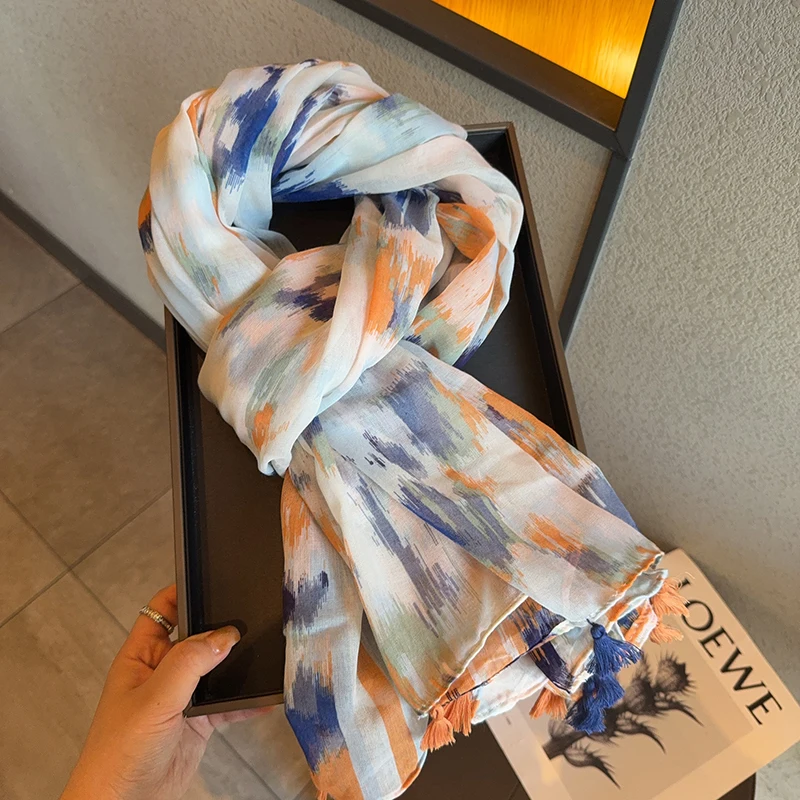 adual-azul-laranja-algodao-linho-cachecol-feminino-sle-viagem-versatil-protecao-solar-borla-awl-primavera-verao-versao-coreana