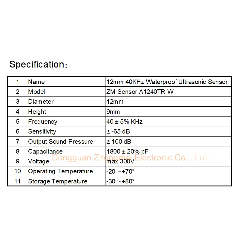 A1240TR 12mm 40KHz Waterproof Ultrasonic Transducer Ultrasonic Sensor