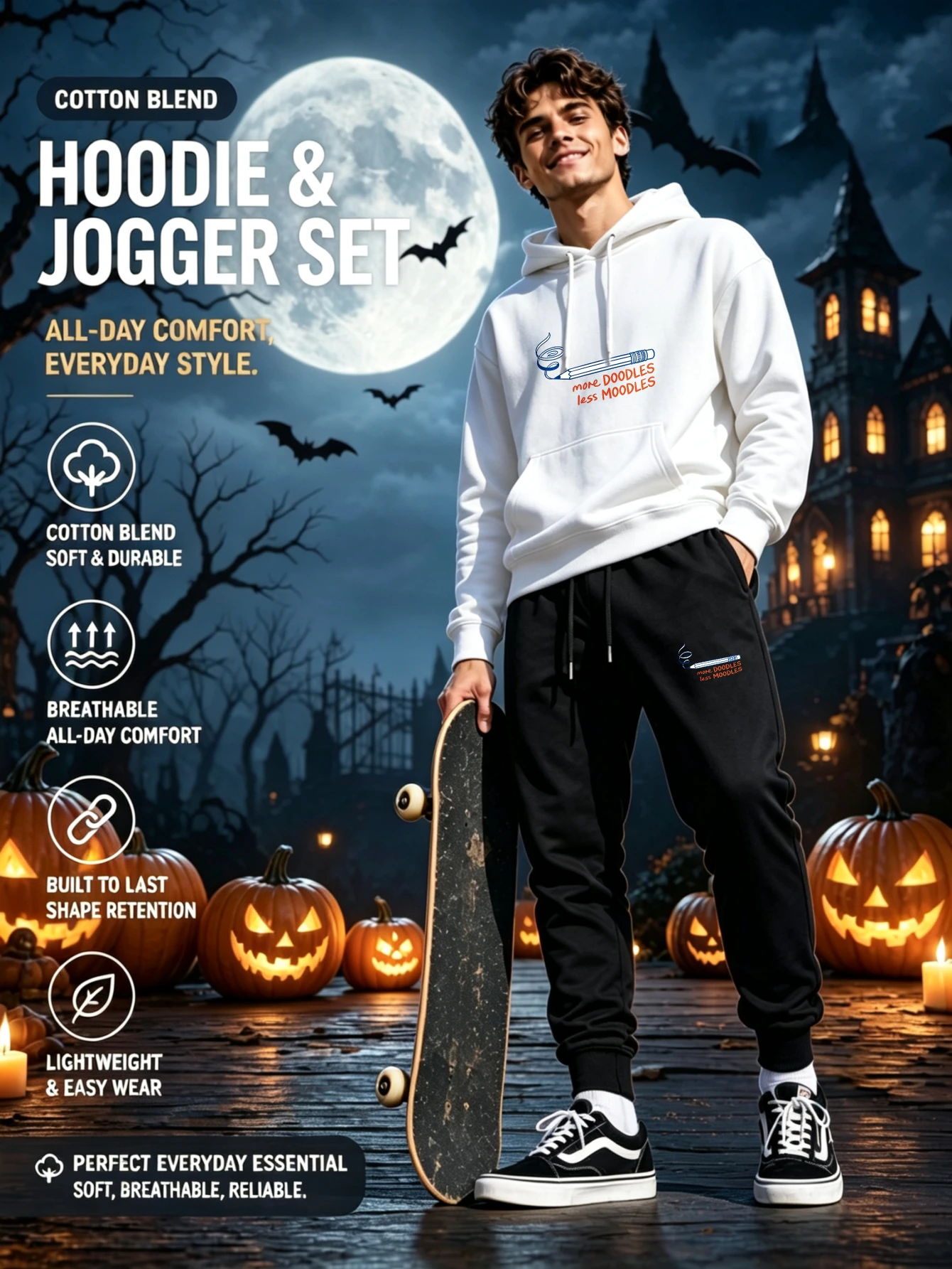 Conjunto de dos piezas de chándal para hombre con forro polar, sudadera con capucha y pantalones deportivos, ideal para Halloween, otoño, invierno y para el uso diario.