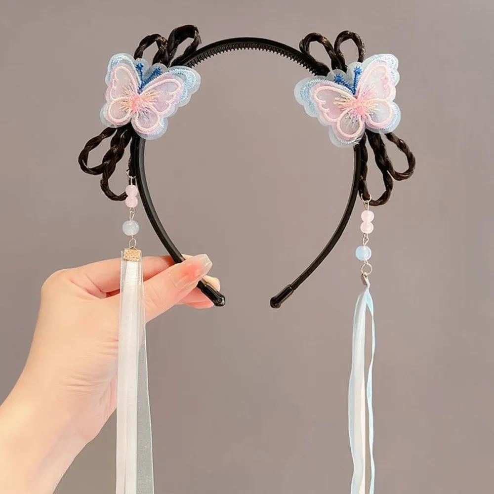 

Chinese Style Butterfly Ribbon Headband Tassel Exquisite Embroidery Wigs Braided Hair Hoop Beads Bow Girls Hanfu Headwear Party