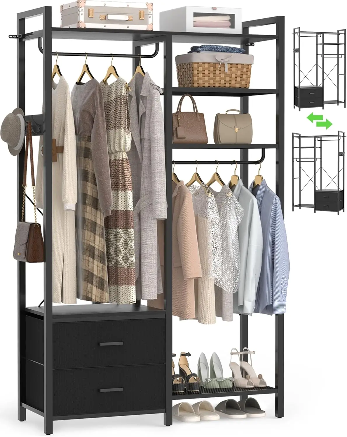 

78.7'' Clothes Rack for Hanging Clothes Reversible Clothing Rack with 2 Drawers Heavy Duty Garment Racks with Shelves 6 Tiers Fr