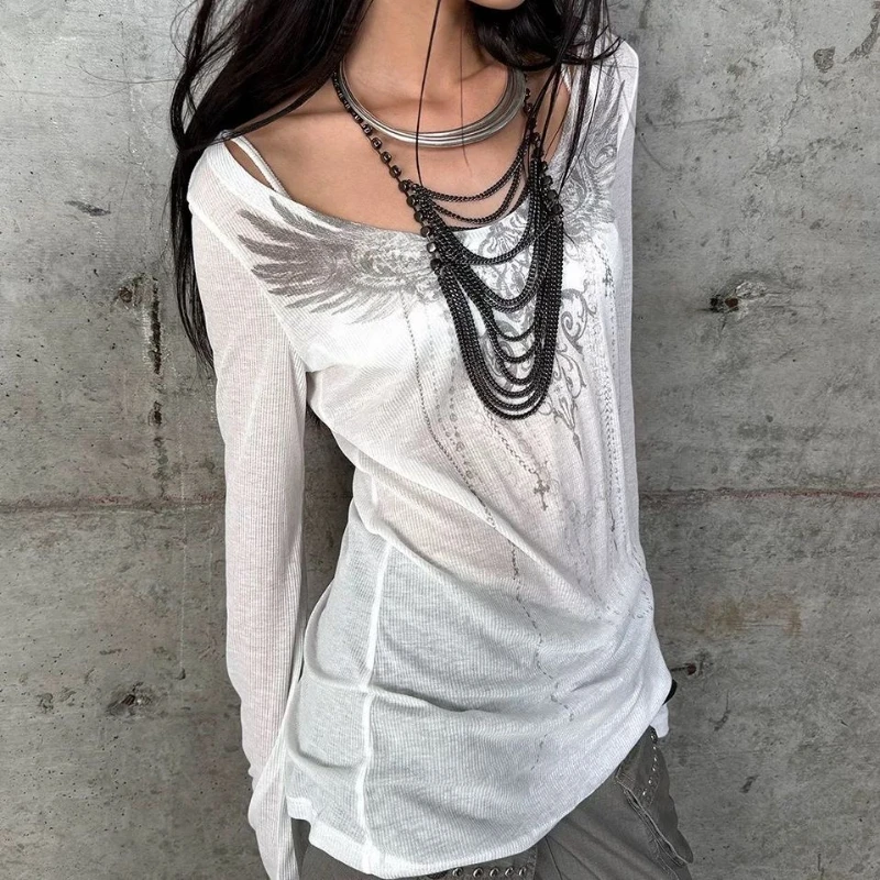 디자인 백 컷아웃 프린트 긴팔 티셔츠 여성용 신상 여름 라이트 화이트 자외선 차단 커버업 탑 Y2k 캐주얼 의상 2025 신상