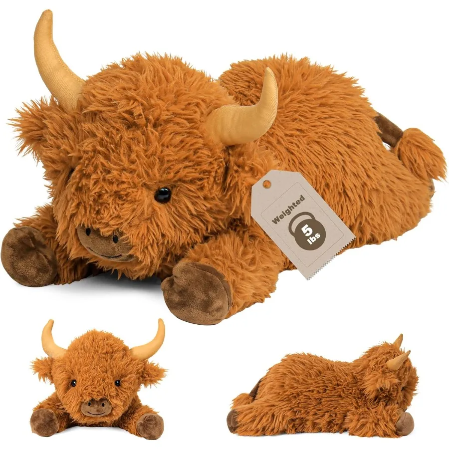 5lbs highland vaca ponderada animal de pelúcia 22in gigante brinquedo de pelúcia para adultos adorável gado plushie travesseiro decoração em marrom com ca