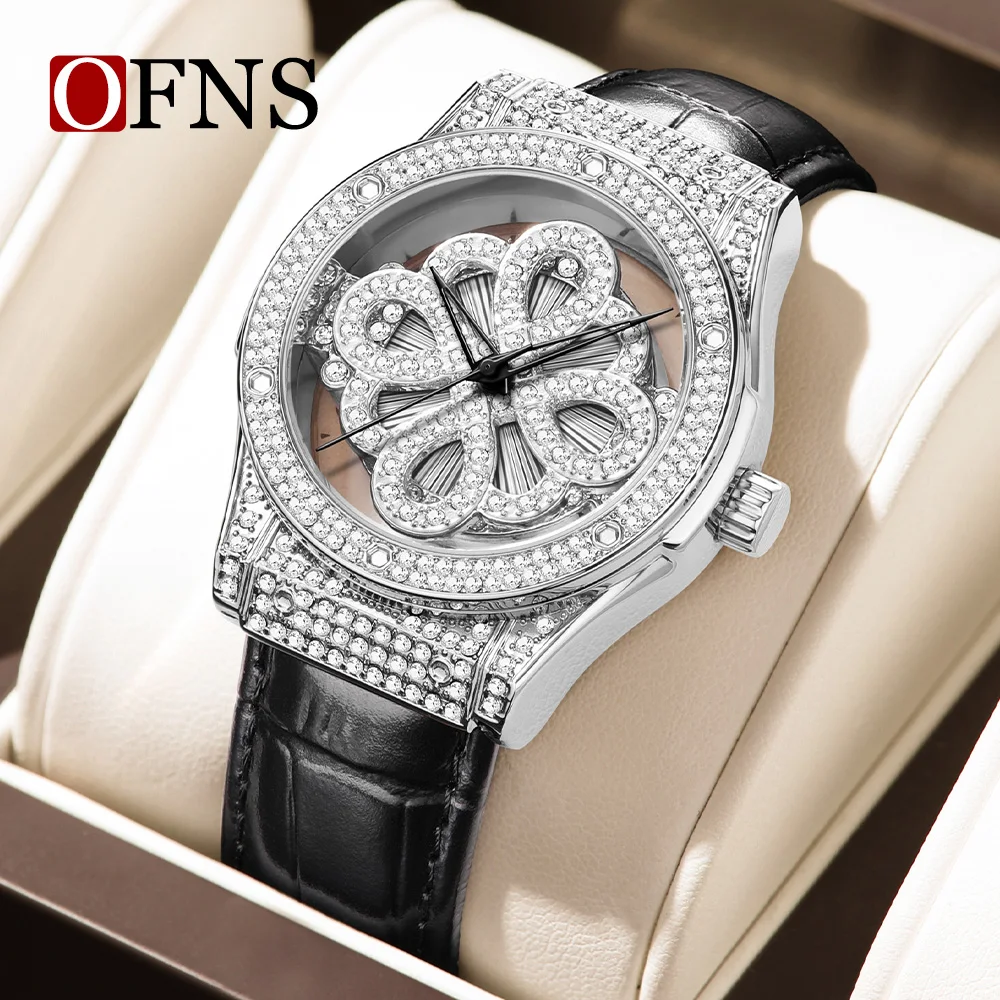 OFNS Top Brand 1606 Women's Quartz Watches Full Diamond Trendy Rotating Hollow Belt Fashion Women's Watch 2024