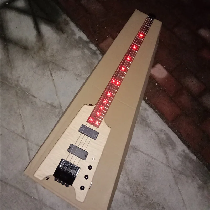New Unfinished Headless Electric Bass Guitar,Mahogany Body&Rosewood Fingerboard With Red LED Light  BJ334