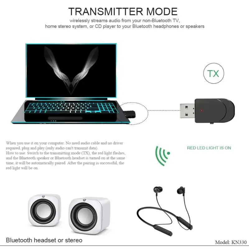 블루투스 5.0 오디오 리시버 송신기, 3.5mm 잭 AUX USB 음악 무선 어댑터 및 마이크, 핸즈프리 통화, 자동차 TV PC 헤드폰용