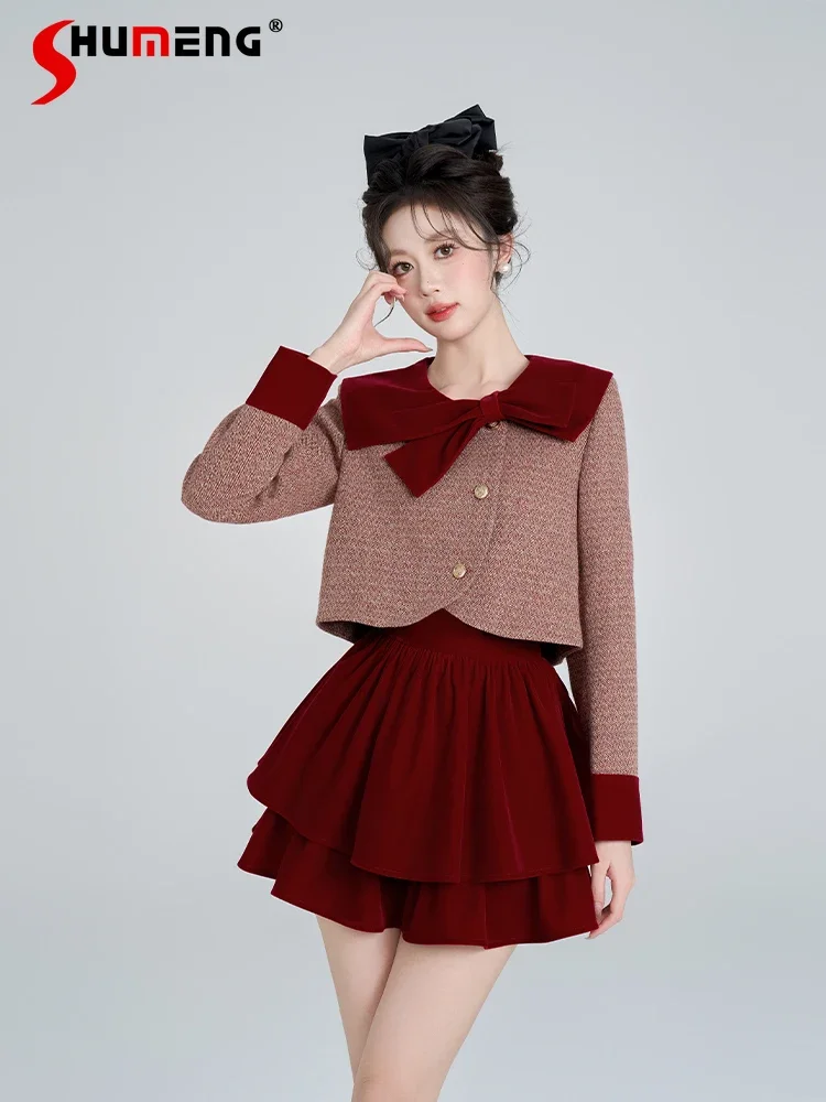 

Ladies 2024 Winter New High-end Fashion Two-piece Ses Tweed Small Fragrant Bow Short Coats Velvet Solid Color Skirts Skirt Sets