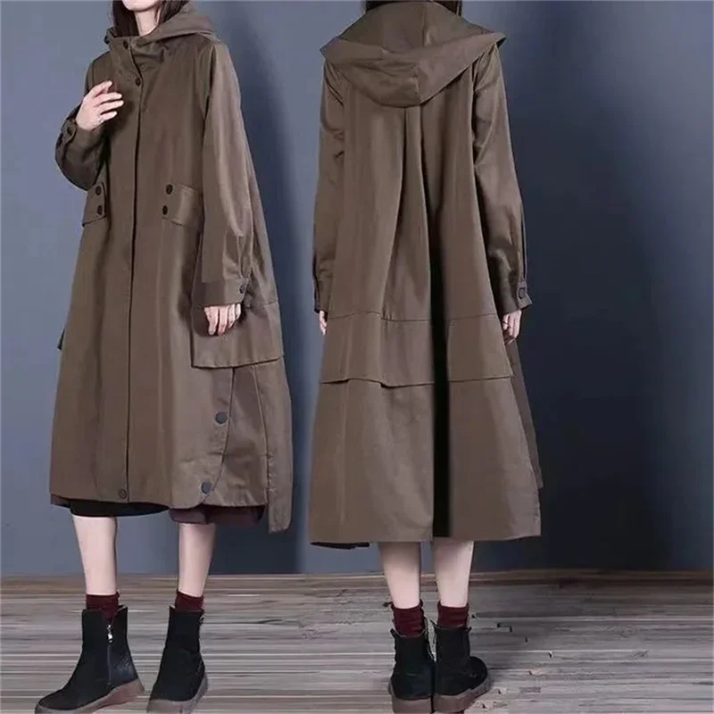 

Vintage New Solid Hooded Loose Slim Cotton Windbreaker Trendy British Style Coat Women Long Outcoat Femal XT557