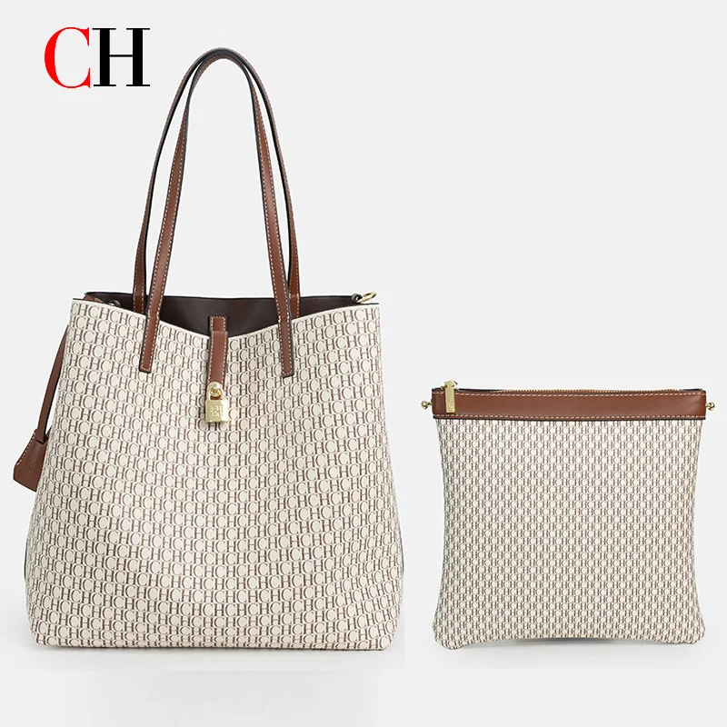 CH 2Pcs/Set Women Tote Bag Luxury Designer Monogram Print Large Capacity Shoulder Bag Office Commuter Handbag With Small Pouch