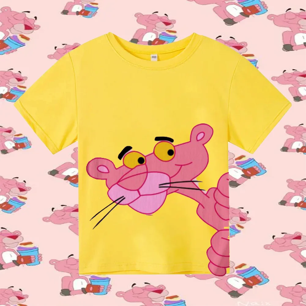 Pink Panther Cartoon Print Tshirt Girls Kids Clothes Cute Cat T-Shirt Children\'S Clothing Summer Tops Tee Shirt 100% Pure Cotton