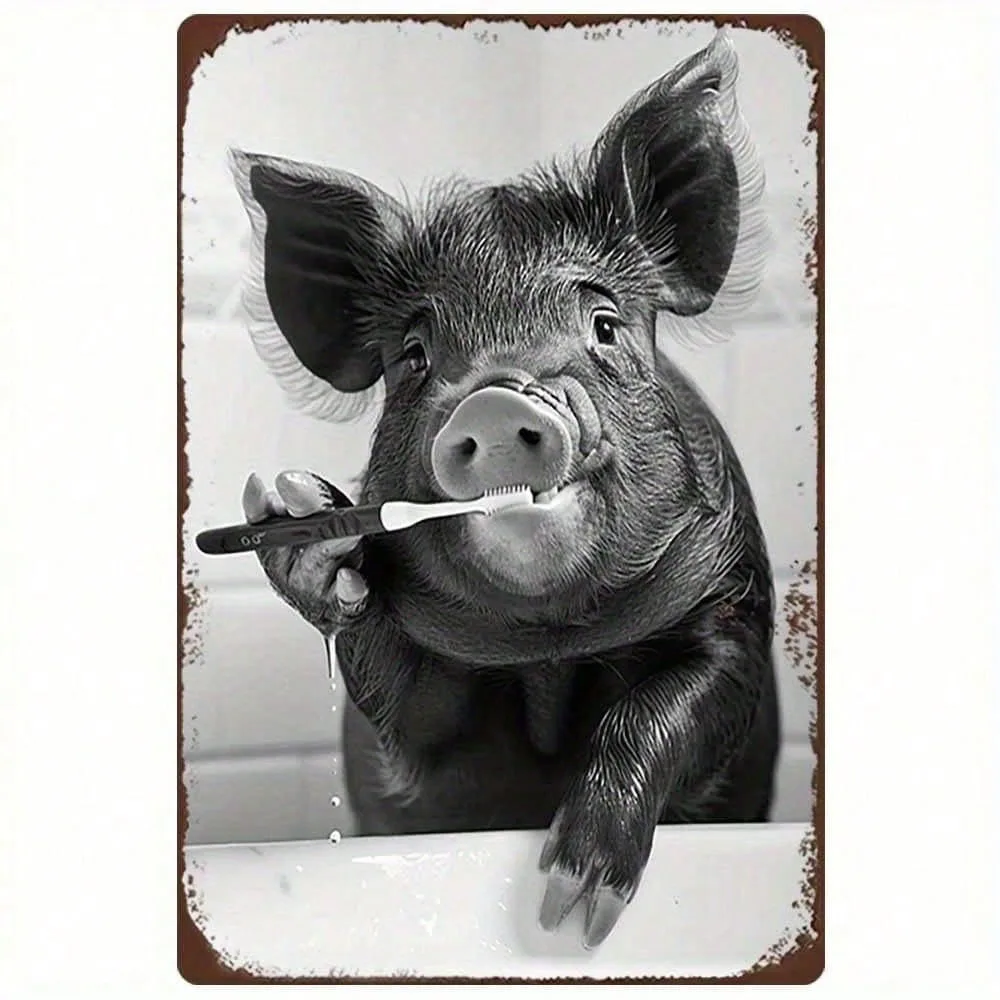 

【VINTAGE PIG WALL ART】Retro 2D Flat Iron Metal Decor 12x8" Funny Bathroom Artwork Brushing Teeth Black & White， Perfect for Vale