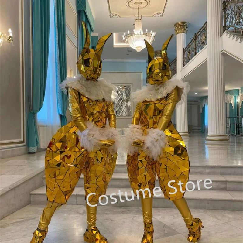 Party Perform Cosplay Rabbit Gold Mirror Glass Costume Stage Birthday Wear Bar Catwalk Outfit Show Clothe Club Bodysuit Disco DJ