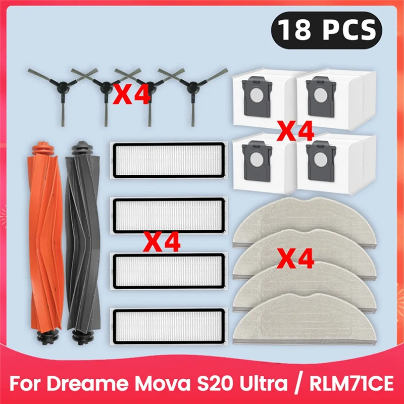 

A21I-For Dreame Mova S20 Ultra / RLM71CE Spare Parts Main Side Brush Hepa Filter Mop Pad Dust Bag Accessories