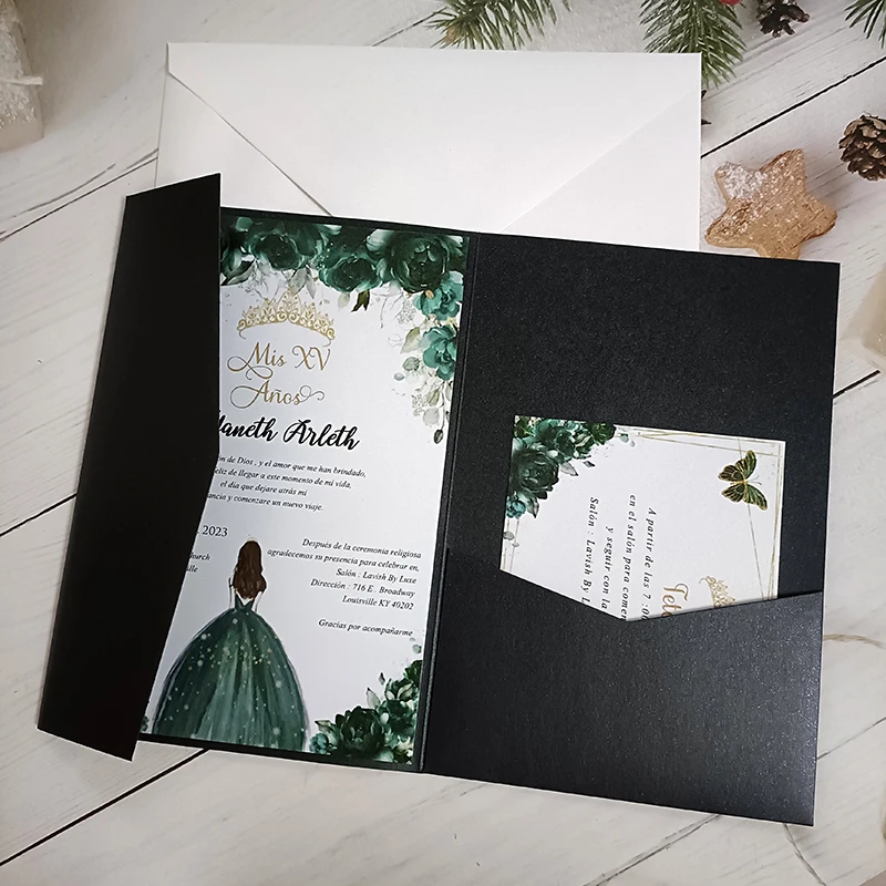 50X Black Shiny Wedding Invitations DIY Trifold Pocket Cards For Bridal Party