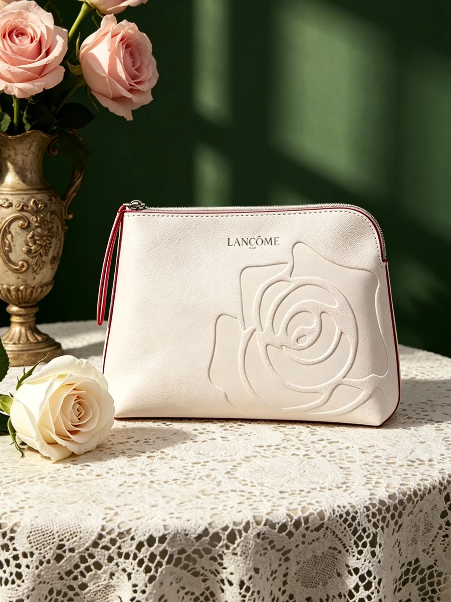 Lancome Tonal Embossed Floral Cosmetic Toiletry Pouch Full Top Zipper Large Capacity Inner Skincare Storage Handheld Organizer