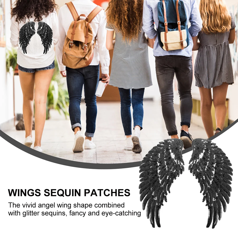 

2 Pairs Black Angel Wings Embroidered Patches DIY Clothes Supply Sequin Applique Polyester Decorative Accessories