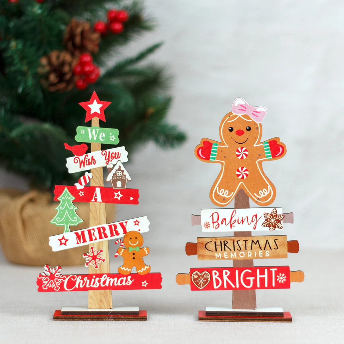 Wooden Christmas Table Decorations Festive Gingerbread Man and Christmas Tree Standing Ornaments Rustic Holiday Decor Home Gift