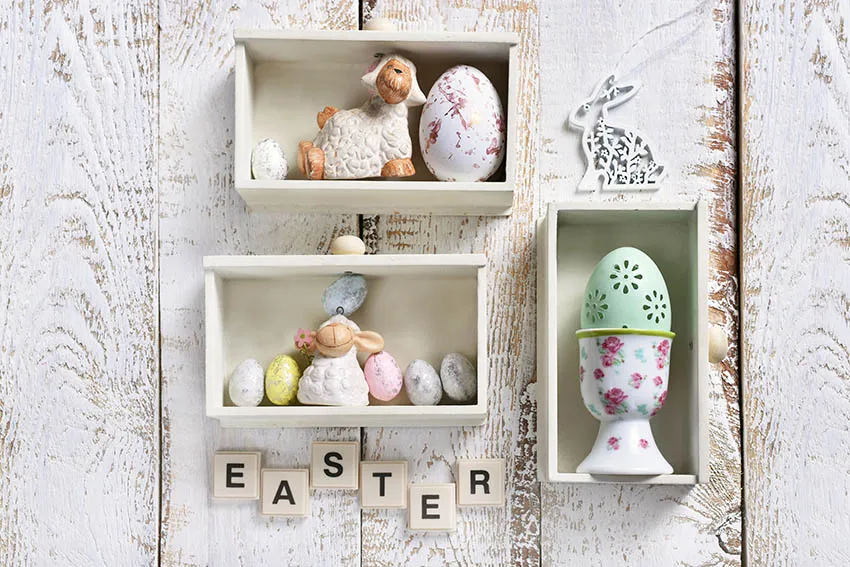 Easter Holiday Interior Decoration Brick Wall Backdrops Photographic Wooden Floor Planks Color Eggs Bunny Flowers Backgrounds