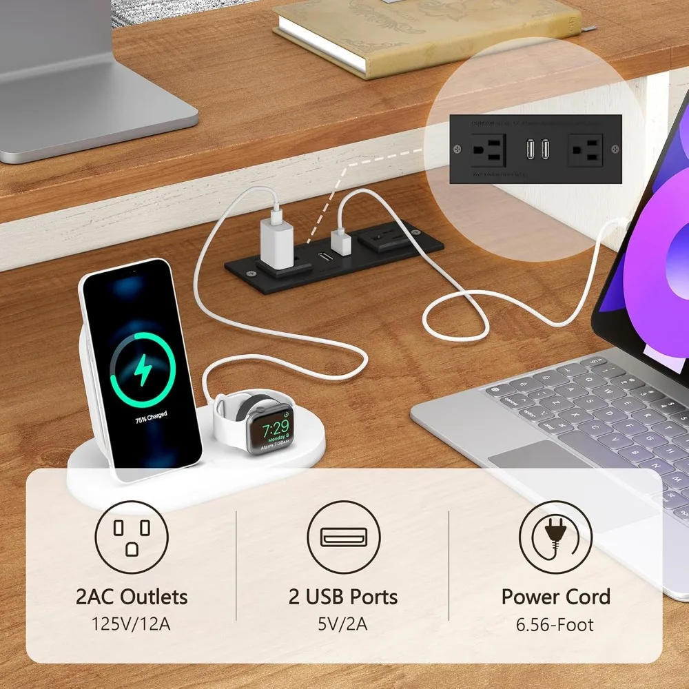 Farmhouse Computer Desk with Drawers, 65'' Home Office Desk with Power Outlets, Storage Cabinet and Printer Stand, Study Writing