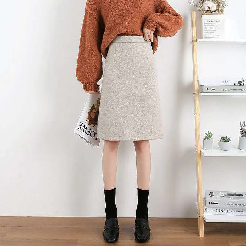 Solid Color Versatile Midi Skirts Female Vintage Streetwear Thicken Woolen A-Line Skirts Women Simple Casual Knee Length Skirt
