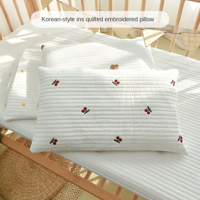 Baby Cotton Pillows Bear Cherries Embroidered Design Pillow & Pillowcase Set Sweat-absorbent and Breathable Children Bedding