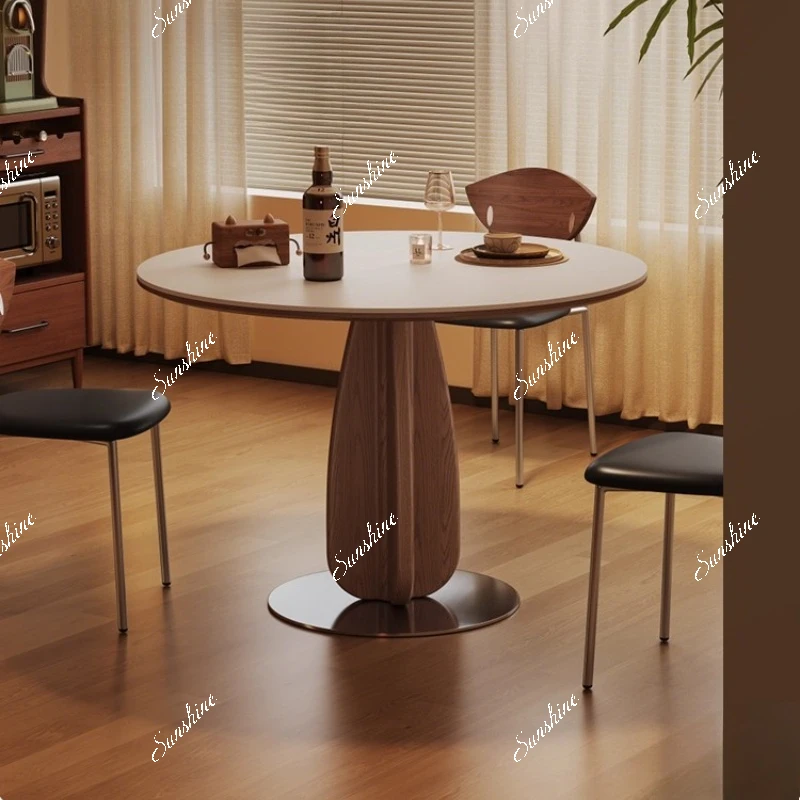 Round solid wood dining table Small apartment walnut color medieval wabi sand wind matte pure white rock slab dining table