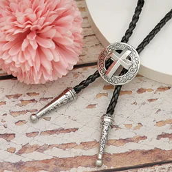 Western Cowboy Bolo Tie for Men Vintage Circular Cross Pendant Black Leather Rope Necktie Women's Fashion Necklace Jewelry Gifts