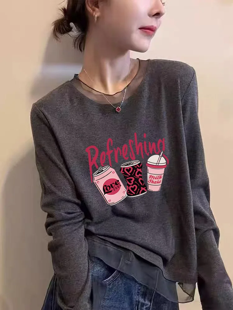 Korean Style Long Sleeve T-Shirt Women's Mesh Lace under Shirt Fashionable Versatile Slimming Top Commute Style Winter Season