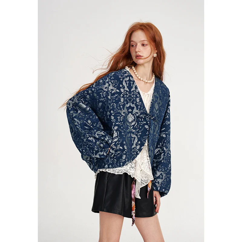 ELFSACK Neo-Chinese Cropped Outerwear with Floral Print, Loose Oriental Coat for Everyday Cozy Outdoor