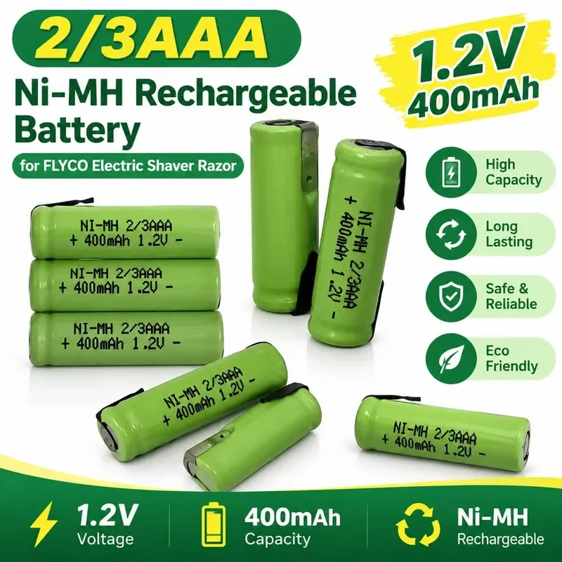 10PCS-2/3AAA 1.2V 400mAh with Solder Tabs Replacement for FLYCO Electric Shaver Razor Ni-MH Rechargeable Battery