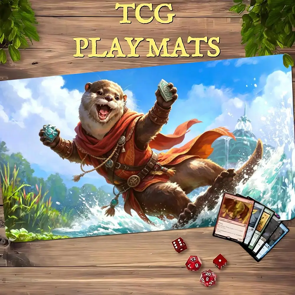 Fantasy Adventurer Otter Mage TCG Playmat 35X60CM Magic Card Battle Mat Non‑Slip Durable Stitched Edge Commander Zones Playmat