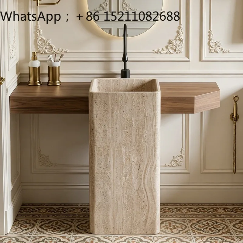 SCY square column wash basin, travertine texture ceramic bathroom, household wood grain rock slab wash basin