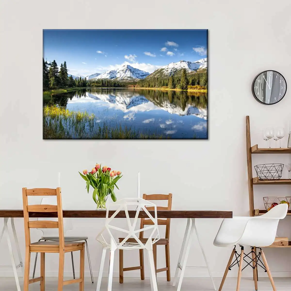 Alpine Lake Snowy Mountain Wall Art, Clear Water Forest Mountain Scenery Poster, Unframed Canvas Print Living Room Home Decor