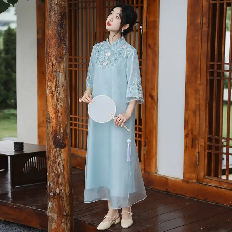 

Modified Cheongsam Chinese Style Embroidery Retro Loose Skirt Tea Dress Summer Dress Women Hanfu Clothing Daily Improved Dress