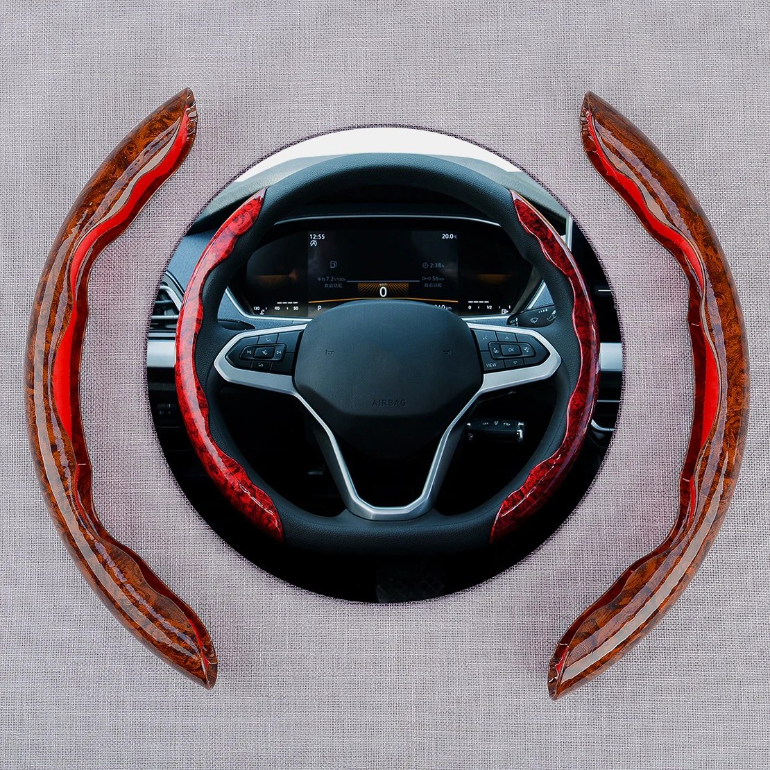 NEW 1 Pair Universal Car Anti-Slip 38cm Steering Wheel Cover Protector Brown Wood Grain Texture PU Leather