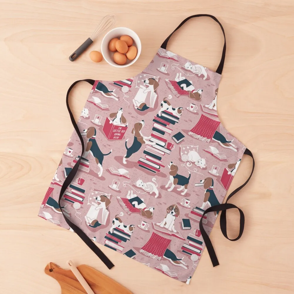 

Life is better with books a hot drink and a friend // pink background brown white and blue beagles and cats red cozy detai Apron